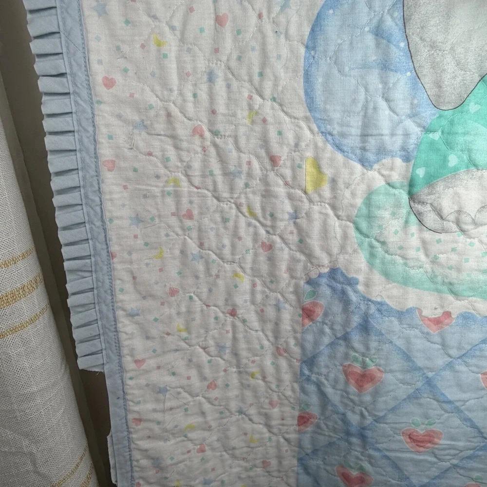 VTG Baby Crib Quilt Blanket Blue Bear Elephant Duck Hearts‎ Boys Nursery Decor